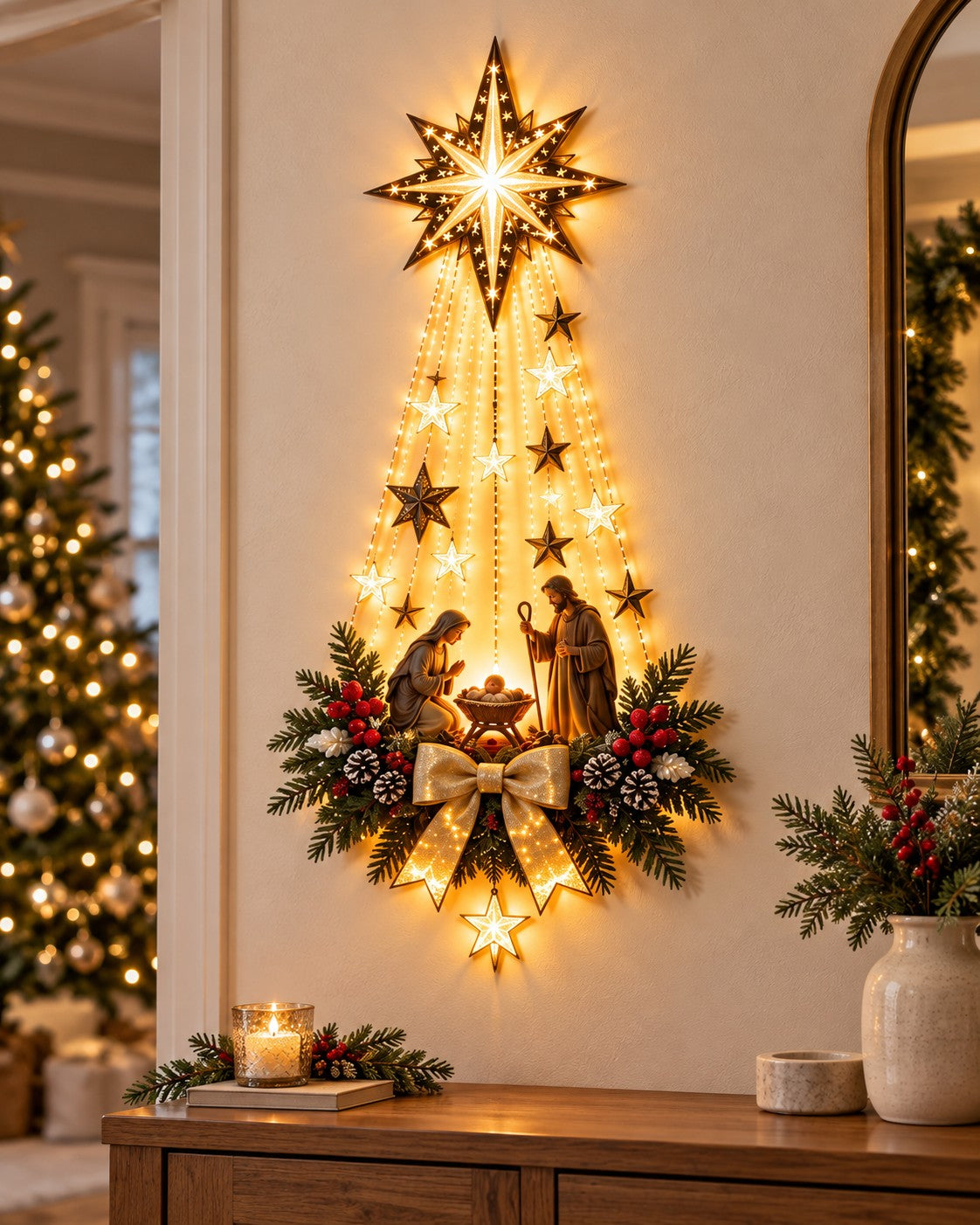 FaithGlowHome Nativity wall light glowing beside a Christmas tree, with branded gift packaging